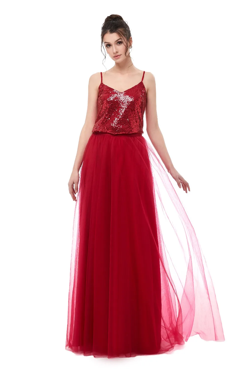 Винно-красное платье подружки невесты длиной 2019 блесток с тюлем v-образным вечерние вырезом вечернее платье свадебное платье для