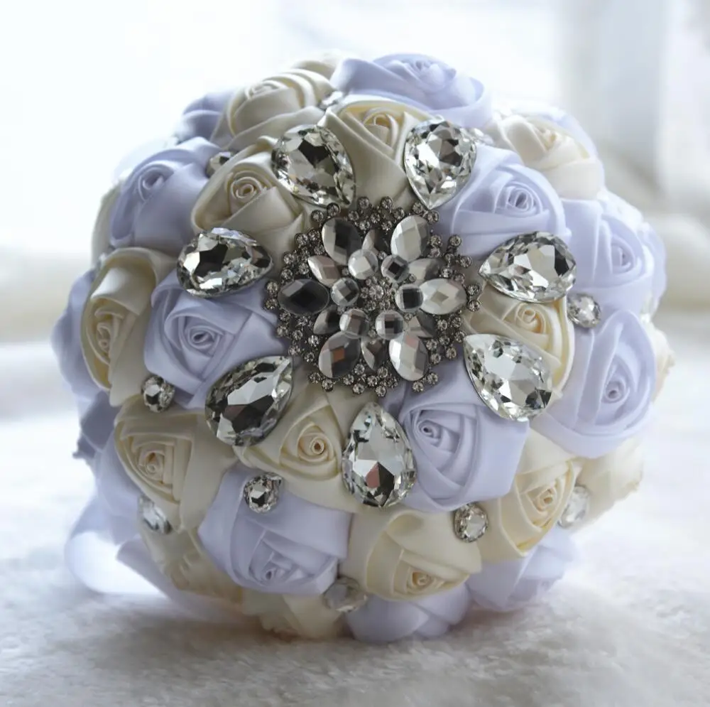 Розового цвета и цвета слоновой кости синий 12 цветов Искусственные Свадебные букеты цветок ручной работы со стразами для невесты с