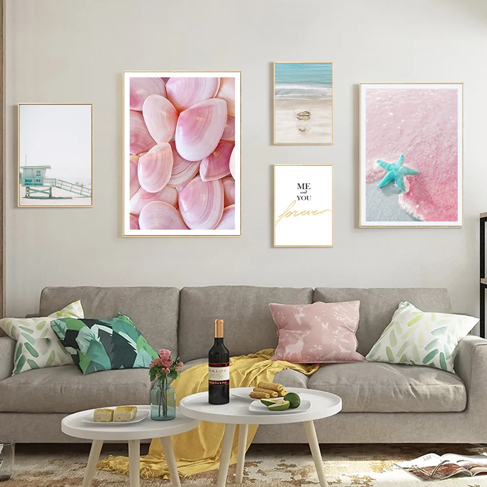 Pink Beach Nordic Poster Girl Room Posters And Prints Wall Pictures For Bed Room Landscape Wall Poster Canvas Painting Unframed