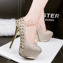 Free shipping 2017 spring new fashion rivets platform Shallow pumps women OL shoes heel 14cm