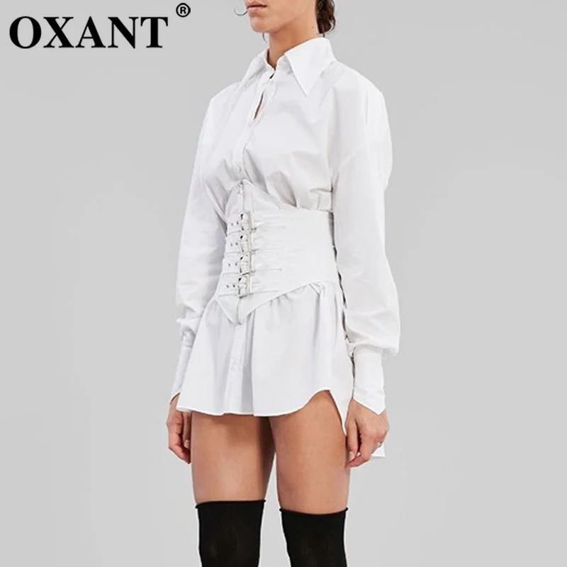 Женская блузка с поясом OXANT белая Базовая рубашка отложным воротником и длинными