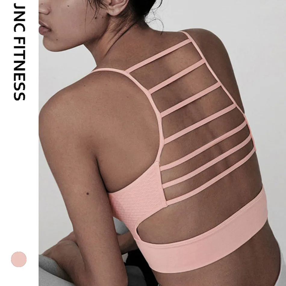 

JNC Women's backless yoga bra fitness seamless sports bra strappy back workout gym bra plus size pink bra shockproof Brallete