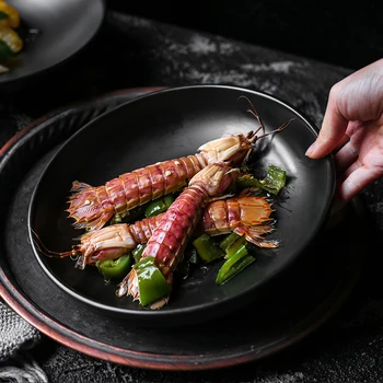 

NIMITIME Ceramic 8.5 Inch Black Solid Round Plate Shallow Basin Restaurant Pasta Salad Plate Fruit Snack Dish Home Dinner Plate