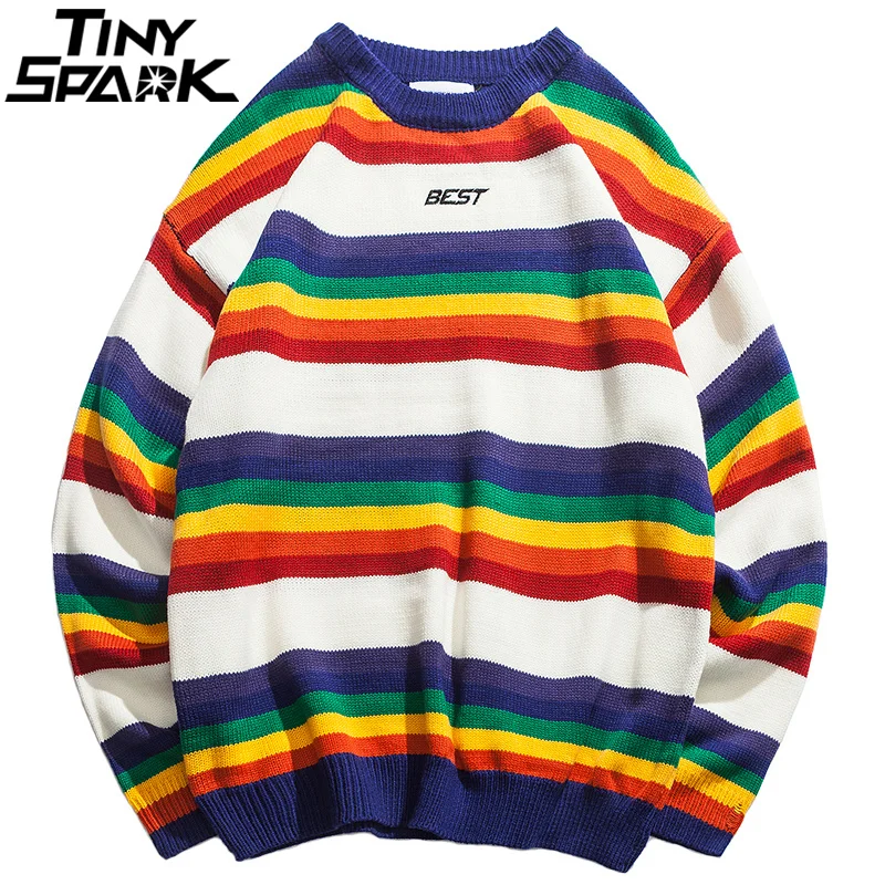 

Harajuku Retro Rainbow Knitted Striped Sweater Mens Hip Hop Pullover Sweater Streetwear Male Fashion Autumn 2018 Sweater Cotton