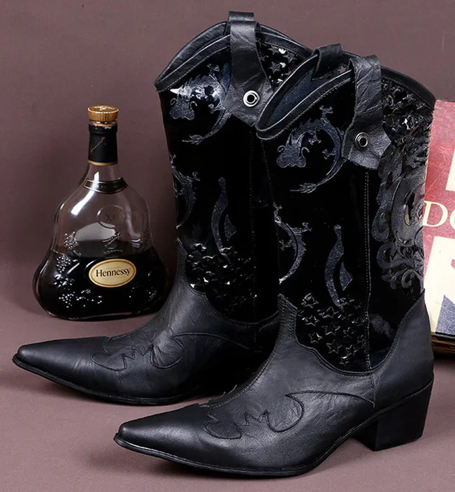 

Mens Chelsea Genuine Leather Plus Size Floral Pointed Toe Mid Heel Cowboy Boots Black Shoes