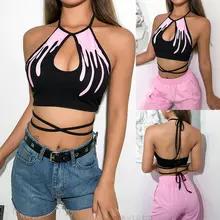 Hot Sexy Black Women Printed Lace-up Scoop Neck Tops Sleeveless Shirt Cami Top S-L Hot Sexy Black Women Printed Lace-up Scoop Neck Tops Sleeveless Shirt Cami Top S-L