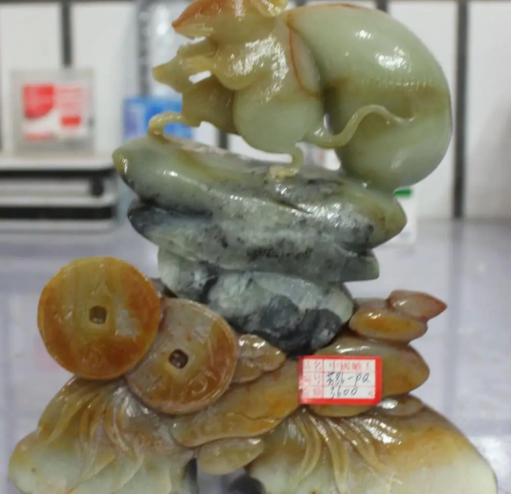 

8" China Handmade Carving Jade Wealth Money Coins Animal Mouse Mice Statue