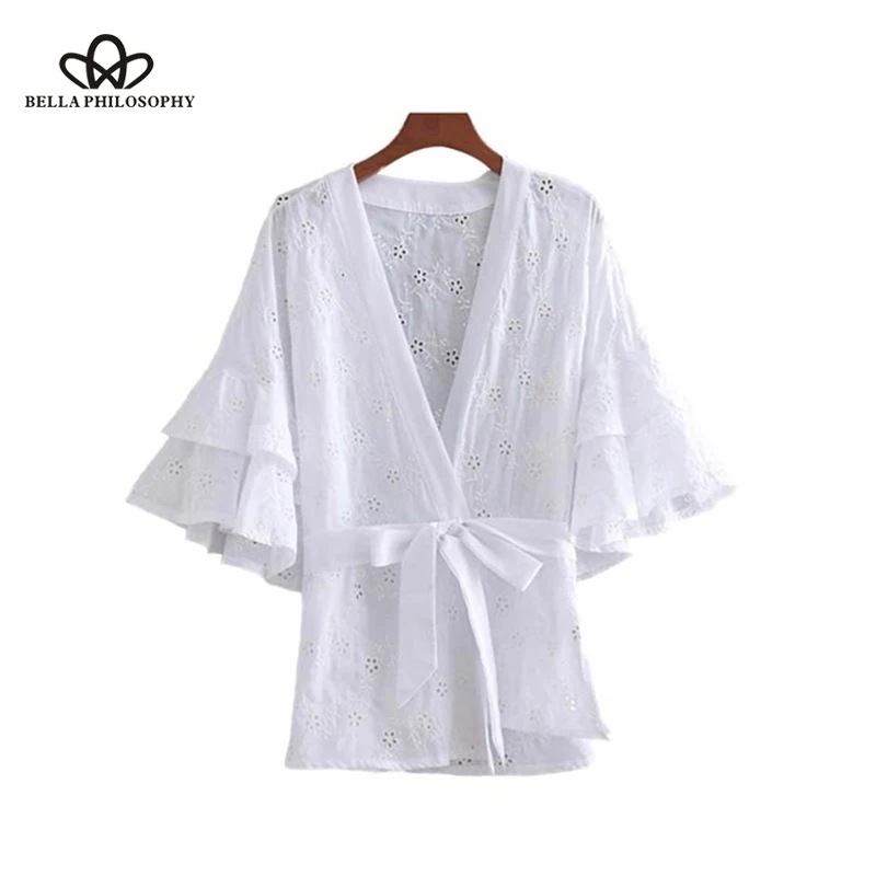 Wonder new summer cross V neck white wrap blouse women bow tie sashes hollow out flare sleeve shirts ladies casual tops blusas