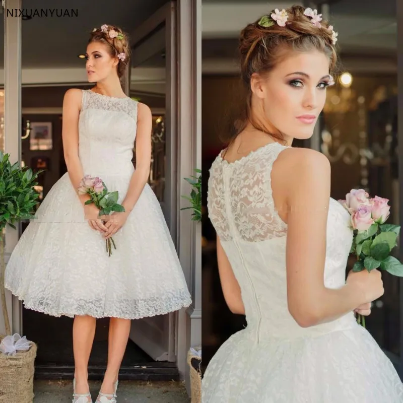 

Simple Beach Short Wedding Dress 2019 Vestido De Novia Backless Appliques Lace Sheer Tulle Mid-Calf Bridal Gowns