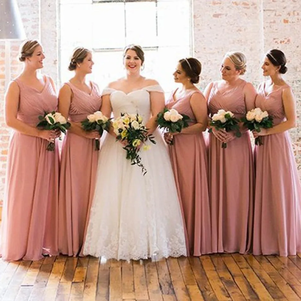 

Blush Pleat Chiffon Bridesmaid Dresses A Line Floor Length Long Maid Of Honor Dress Cheap Women Wedding Party Gowns Custom Made