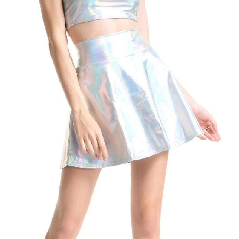 

CUHAKCI High Waist Skirts Women Casual Mini Gold Skirt Faux Leather Skirt Skater Pleated Female Silver Black Skirt Plus Size