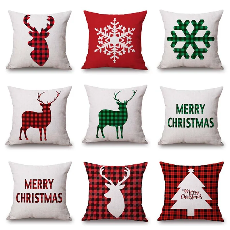 

Christmas Letter Plaid Pattern Pillow Case Linen Cotton Deer Red Color Dining Chair Pillow Cover For Sleeping Traveling Gift