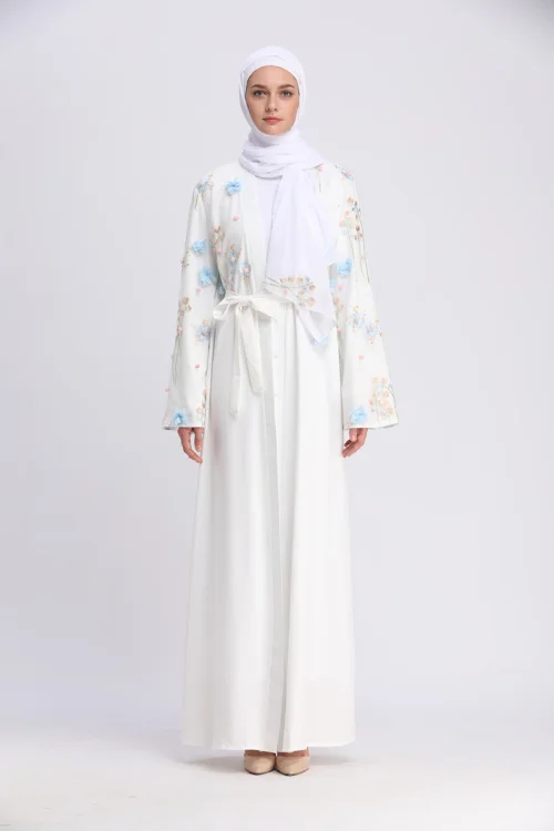 Мусульманская вышивка abaya 3D Цветочный Макси платье кардиган длинные халаты Туника кимоно Рамадан Турция Исламская одежда поклонение службы - Цвет: white