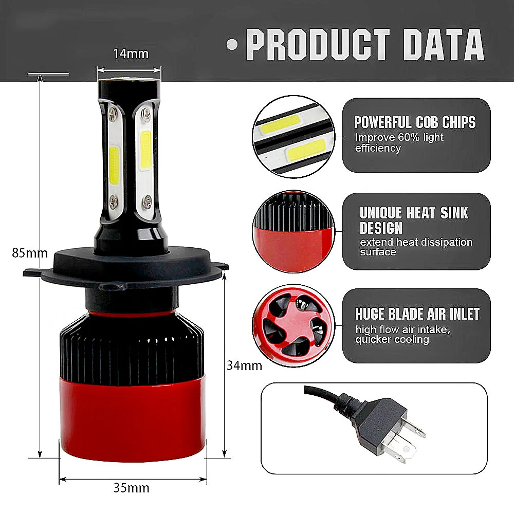 Promotions 2Pcs S2 H4 H7 LED 12V Bulb Diodes COB Auto Car Headlights