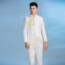 Настоящая мужская черная/белая золотая вышивка воротник мандарина куртка для выступления/вечерние/сценическое представление/куртка и брюки