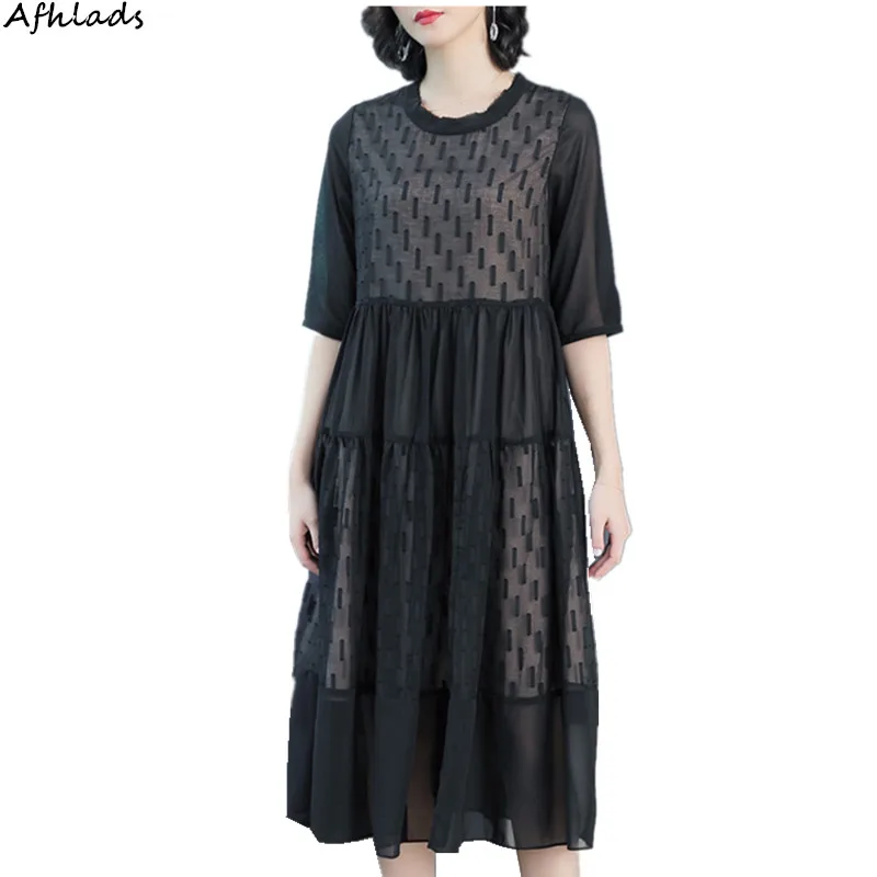 

Luxury brand silk dress spring and summer new women's embroidered half sleeve round neck elegant ruffles black loose midi dress