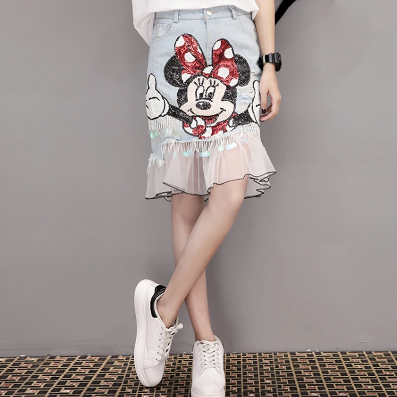 

Cute Mickey Mouse Denim Skirts Women Embroidered Lace Mesh Denim Skirt For Women Tassel Sequin Knee Length Ripped Jeans Skirt