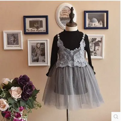 

Korean Girls Dress 2017 Spring New Children's Fake Two-piece Lace Sling Pure Color Net Yarn Stitching dress