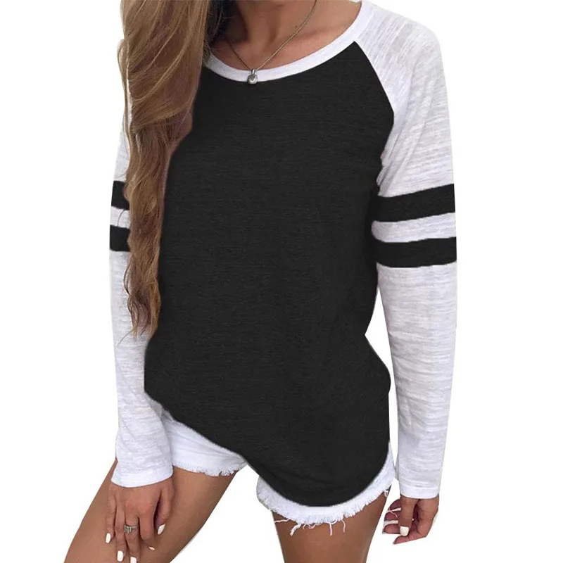 

2017 new arrivals red white stripe patchwork casual women tops tees long sleeve vintage simple style o-neck t-shirt ladies solid