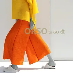 Azterumi Issey Miyake Весна Лето Новинка 2019 Женские повседневные свободные широкие брюки женские с эластичной талией до середины икры брюки черные