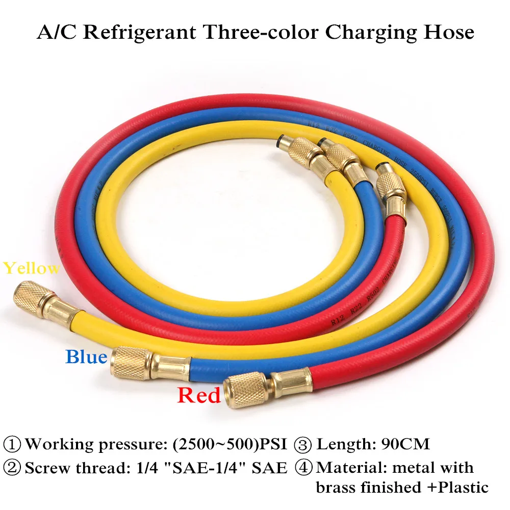 Прочный горячий 1/4 ''SAE 90 см A/C зарядный шланг Трубка Хладагент R12 R22 R502 Авто Кондиционер Инструменты 3 цвета