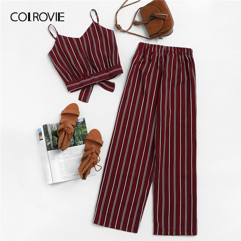 

COLROVIE Burgundy Knot Tie Back Striped Cami Top With Pants Women Boho Two Piece Set 2019 Summer Black Casual 2 Piece Outfits