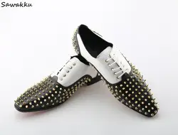Модельные туфли с заклепками в стиле ретро мужские повседневные сникерсы на шнуровке черно-белые туфли с заклепками из натуральной кожи