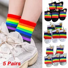 5 пар радужных хлопчатобумажных носков васи лента укороченный топ короткие трубки колледжа полосы забавные женские носки