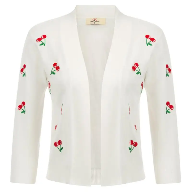 astounding  GK Women Cherries Embroidery 3/4 Sleeve Open Front Cropped Length Knitting Coat
