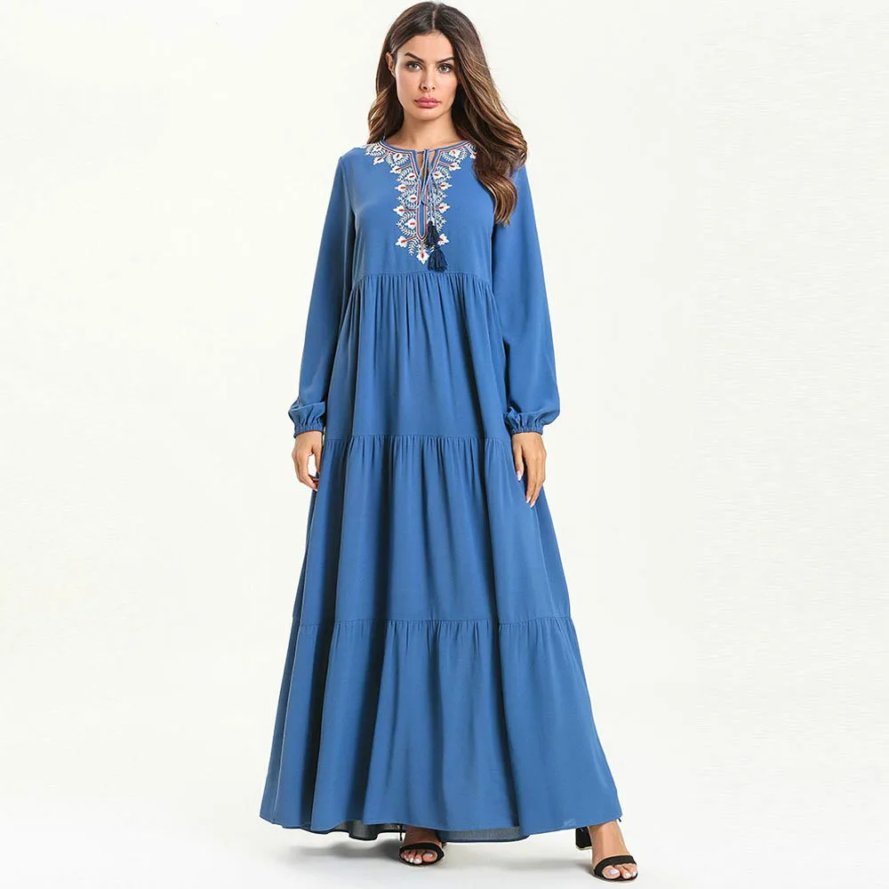 

Woman Plus Size Muslim Long Dress Long Sleeve Crewneck Embroidered Female Party Kaftan Dubai Islamic Clothing Blue Maxi Dress