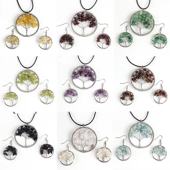 

Luckyshine natural Crystal Stone Pendants Earring Sets Tree of Life Ethnic Style Women Gift Jewelry Sets NEW