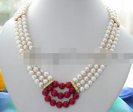 

huij 004724 3ROW 7-8MM WHITE ROUND PEARL RED CORAL NECKLACE