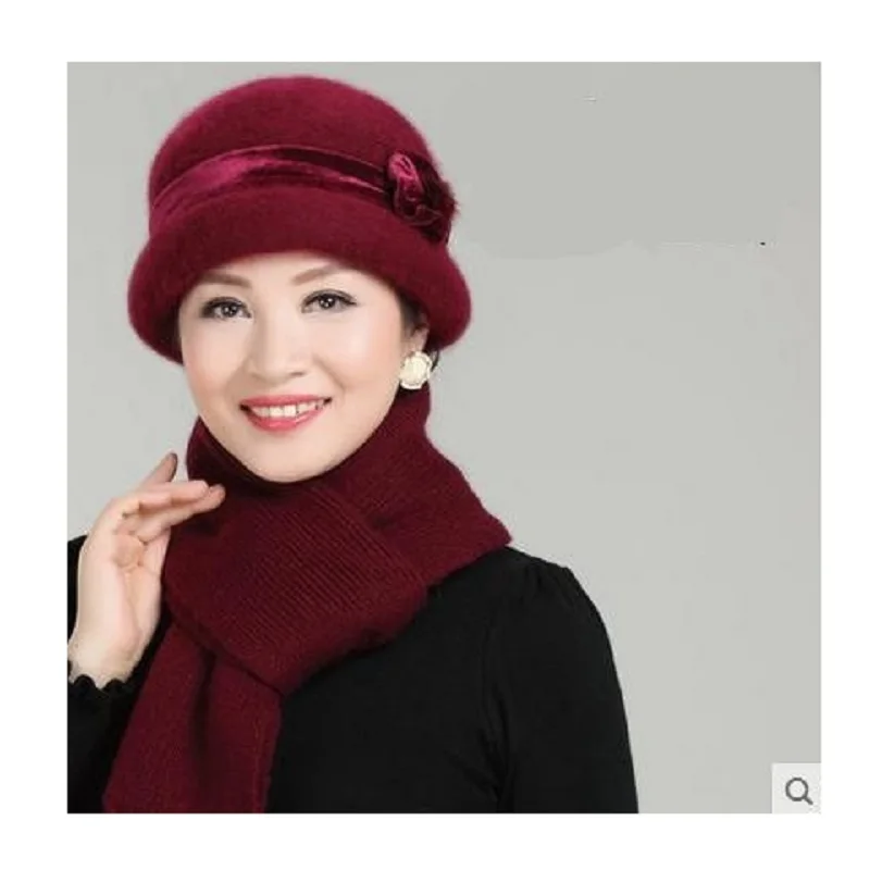 New Fashion Women Winter Hat Sets Floral Skullies Wool Mixed Rabbit Fur Warm Outdoor Knitted Beanies Baggy Headwear Cap