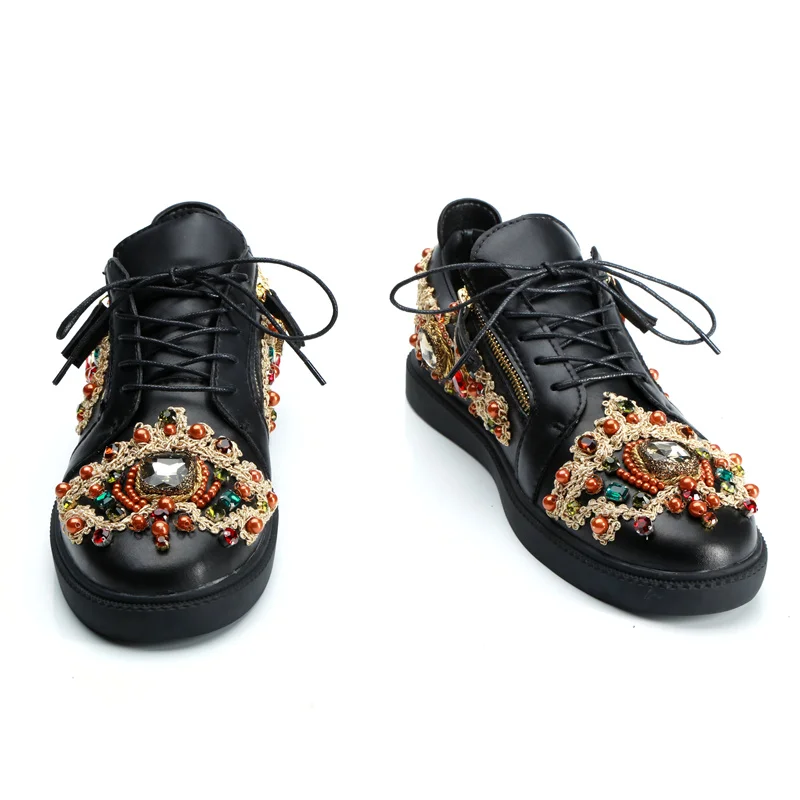 

Man Sneakers Gold Metal Decor Leather Men Shoes Crystal Embellished Men Casual Shoes Lace Up Chaussures Homme Brand Designer Hot