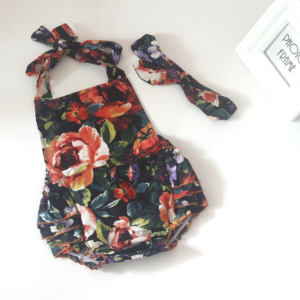 

Ruffled Baby Girl Bloomer Romper Children Clothes Cut Kids Top Shirt Satin flowers Sunsuit baby sleeper