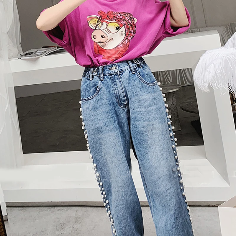 TWOTWINSTYLE корейский жемчуг лоскутное джинсы для женщин Высокая талия высокой талии размера плюс джинсовые брюки для женщин Мода