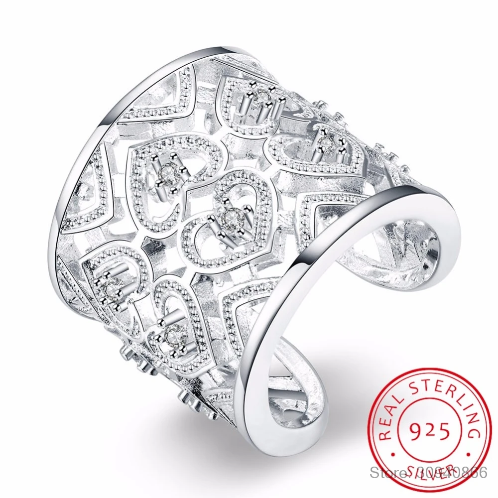 

LEKANI Free Shipping Silver 925 Ring Fashion Big Net Weaving 925 Silver Jewelry Hollow Heart Ring Women&Men Gift Finger Rings