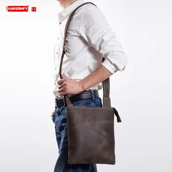 

Men's Shoulder Bag Leather Casual Small Crossbody Bag Male Genuine Leather Messenger Bags Handmade Vintage Crazy Horse Leather