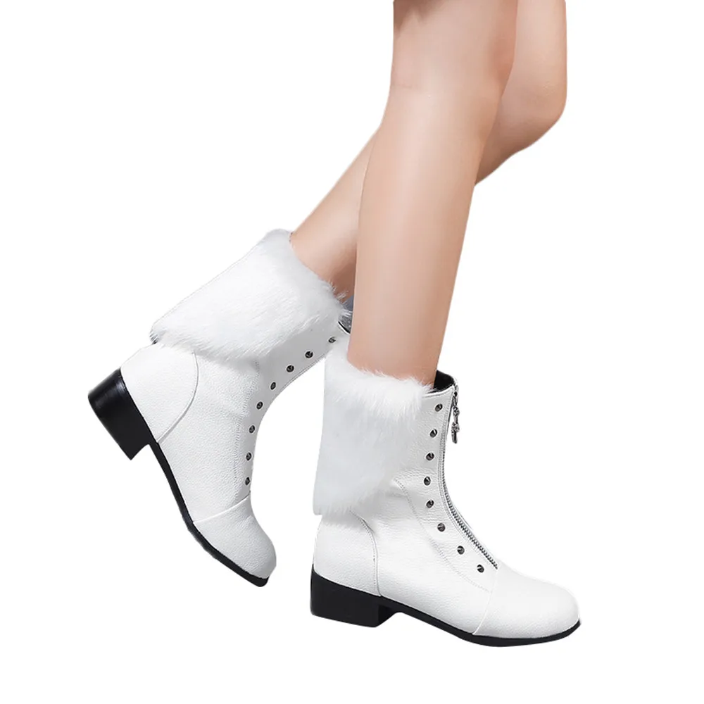 

Women's Winter Short Boots Leather Short Boot Rivets Front Zipper Shoes warm fur plush Insole shoes woman Botines Mujer 2018