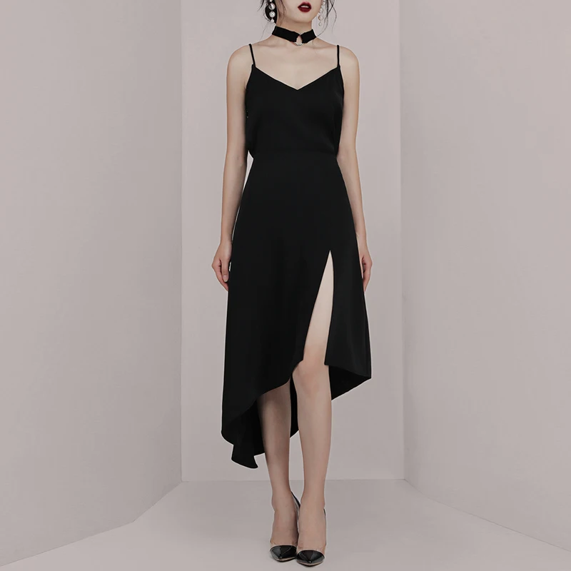 INDRESSME Новые Сексуальные Спагетти ремни V вырез с разрезом асимметричное подол вечерние маленькое черное платье миди
