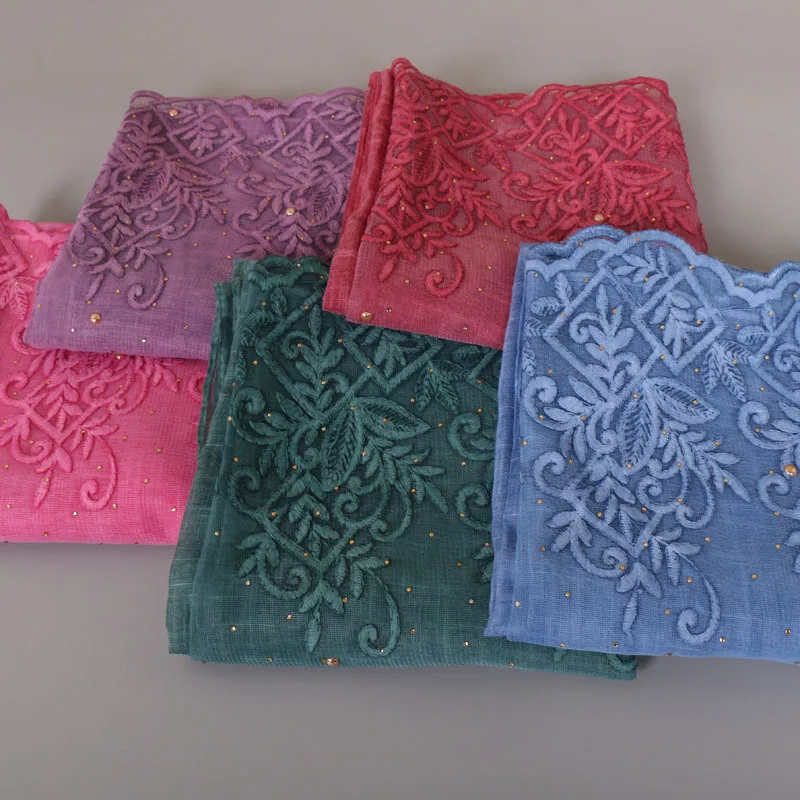

New Pattern Tie-dyed Color Thin Section Women Burn Rhinestone Pearl Piece head Scarf hijab shawl
