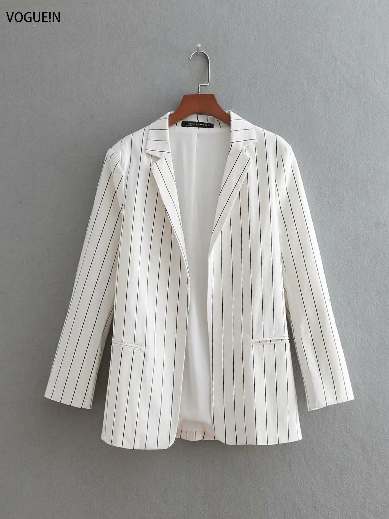 

VOGUEIN New Womens White Black Striped Print Long Sleeve Cardigan Blazer Coat Wholesale