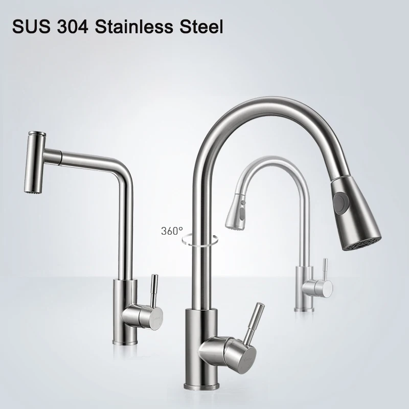 Multi-Function SUS 304 Stainless Steel Kitchen Sink Mixer Tap Swivel Spout Sink Faucet Copper with Pull Out Nozzle Spayer