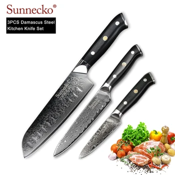 

SUNNECKO 3PCS Kitchen Knives Set Utility Chef Knife Japanese Damascus VG10 Super Steel Core G10 Handle Chef Cooking Cutter Tools