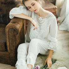 

RenYvtil 2017 New Autumn Embroidery White Pajamas Long Pants Set Home Cloth Sleepwear 100% Cotton Princess pijamas Lace Shirt