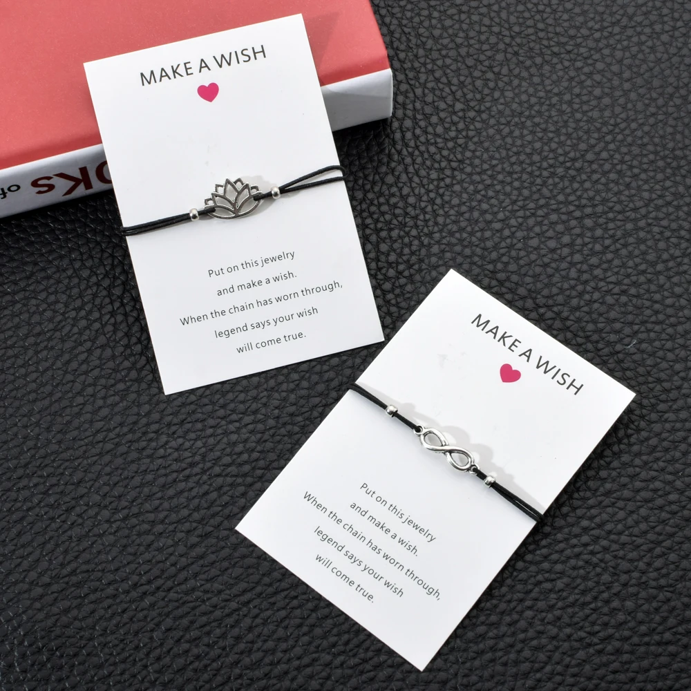 

Make A Wish Card Infinity Love Heart Charms Bracelets For Women Men Lotus Tree Of Life Black Elastic Rope Yoga Bracelet Jewelry