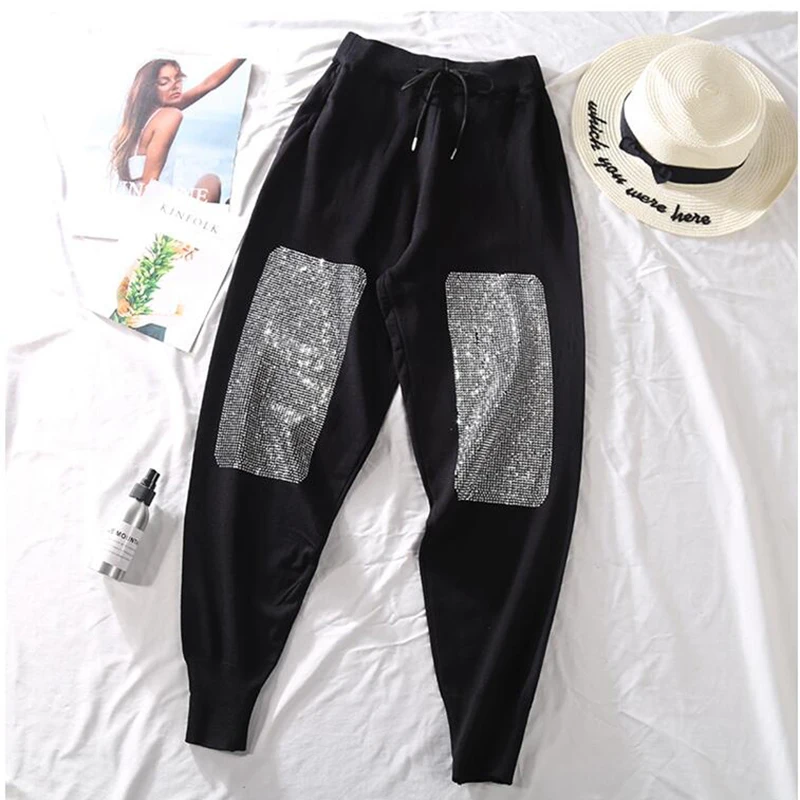 

Autumn Diamond Loose Pants Women Black Ankle-Length Harem Pants Spring 2019 New Joggers Women High Waist Pants