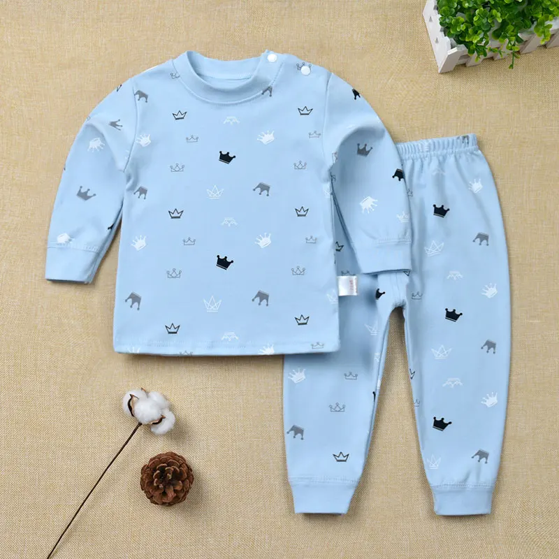 Blue Crowns Детские пижамы, детский Пижамный комплект для мальчиков и девочек, детская ночная рубашка для малышей, топ и штаны из чесаного хлопка - Цвет: Blue Crowns