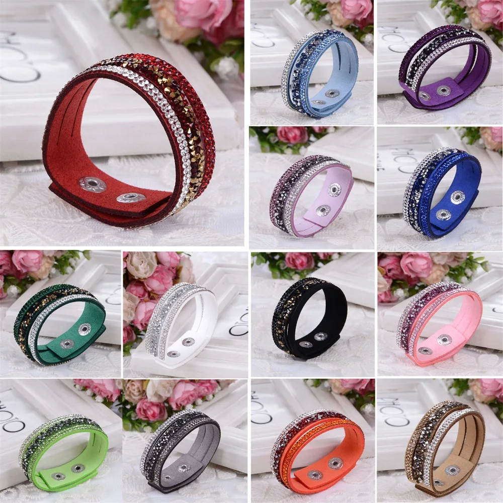 Women Leather Wrap Wristband Cuff Punk Crystal Rhinestone Bracelet