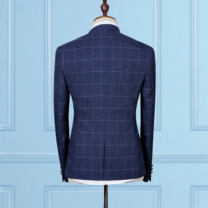 2018 New Men's Stand Collar Grid Suit Jackets and Pants Fashion Business Wedding Men Suit 2-piece Set S-3XL